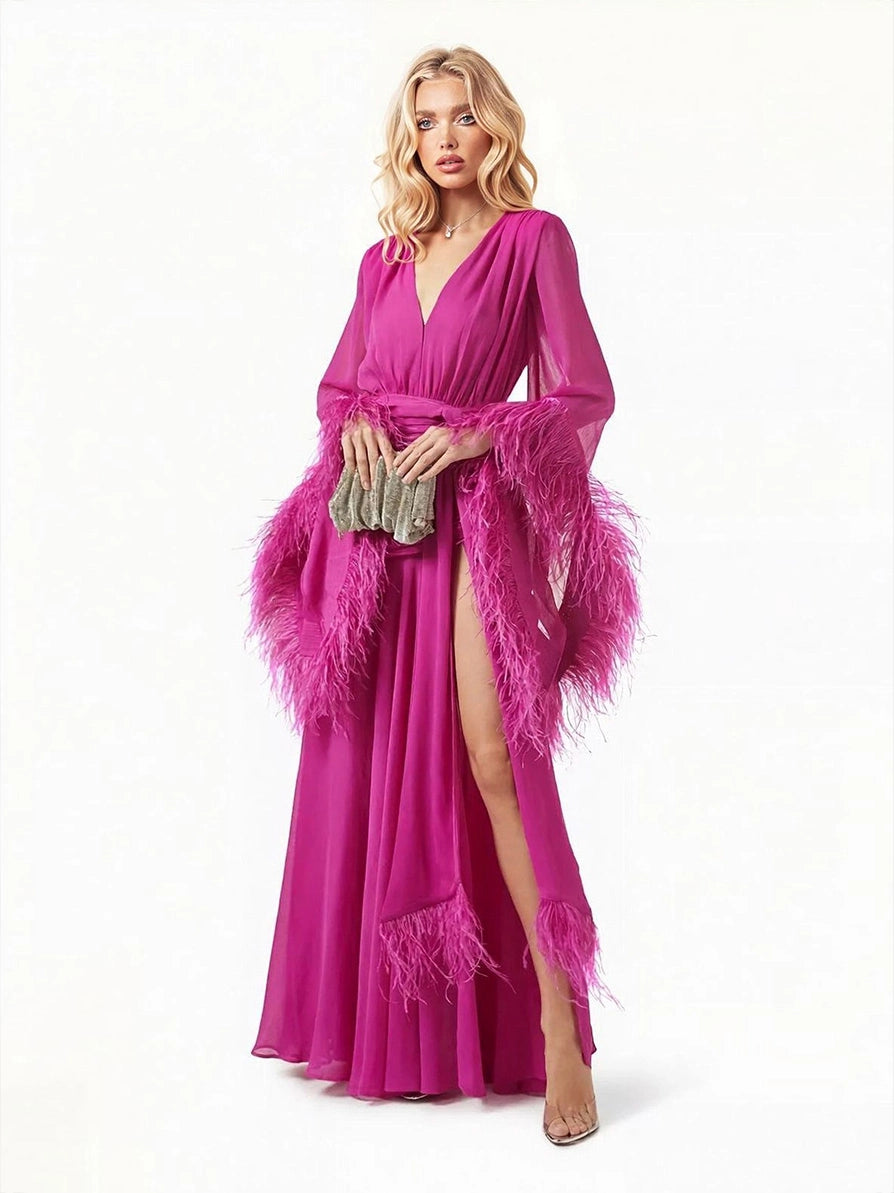 Michelle elegante Chiffon-Maxi-Robe mit Federn