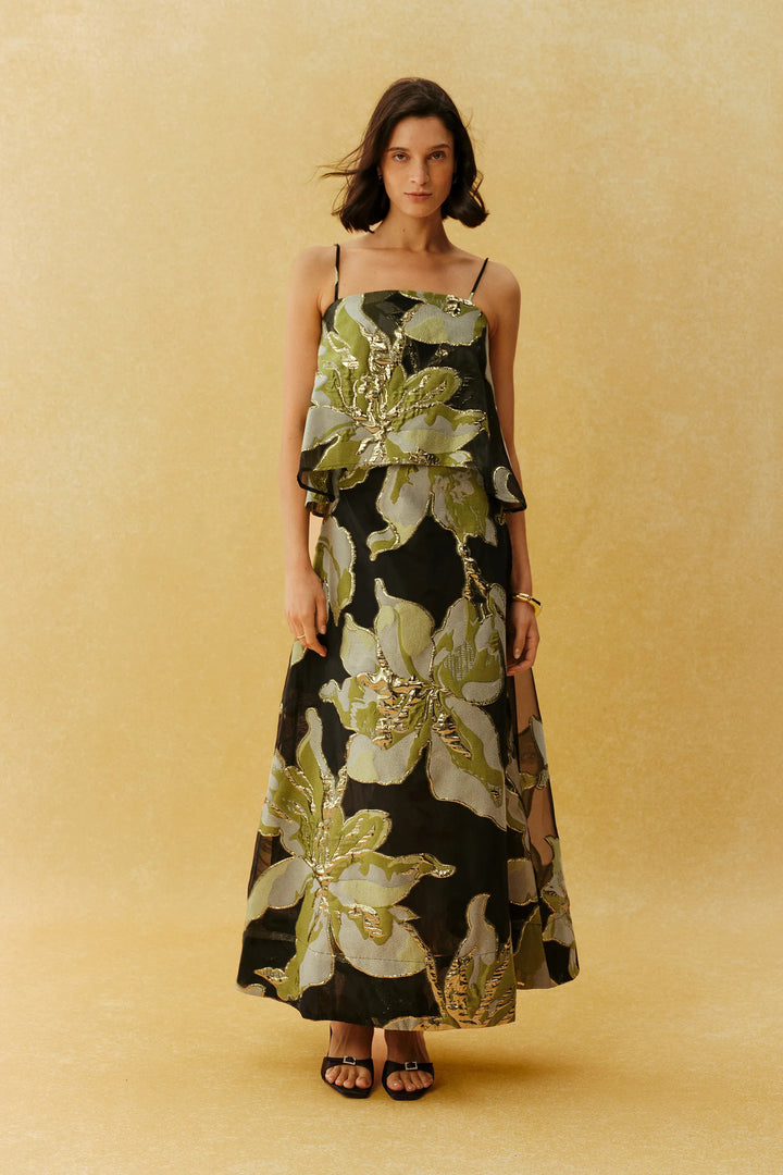 Schwarzes blumiges Chiffon-Midikleid mit Spaghettiträgern