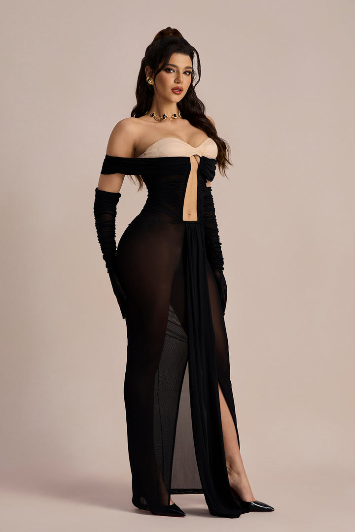 Amanda Off-Shoulder Maxikleid mit Schlüsselloch-Ausschnitt Rückenansicht - KYMA