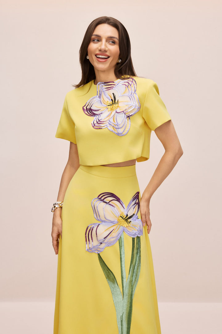 Angelica Blumen-Applikations-Kurzarm-Oberteil & Rock-Set Detail Rock – KYMA
