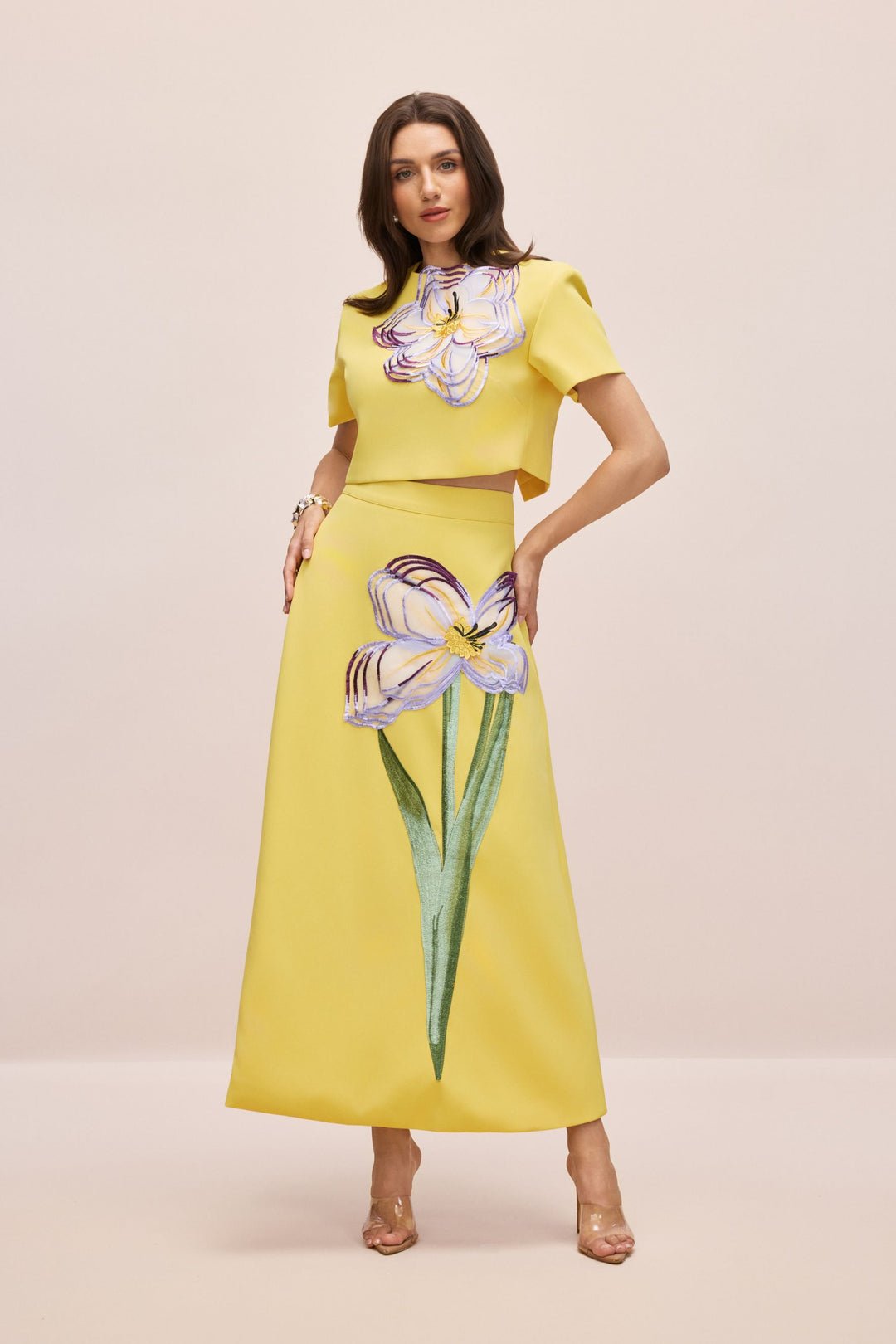 Angelica Blumen-Applikations-Kurzarm-Oberteil & Rock-Set mit Schleifen – KYMA