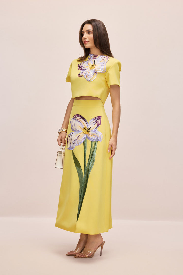 Angelica Blumen-Applikations-Kurzarm-Oberteil & Rock-Set mit Tasche – KYMA