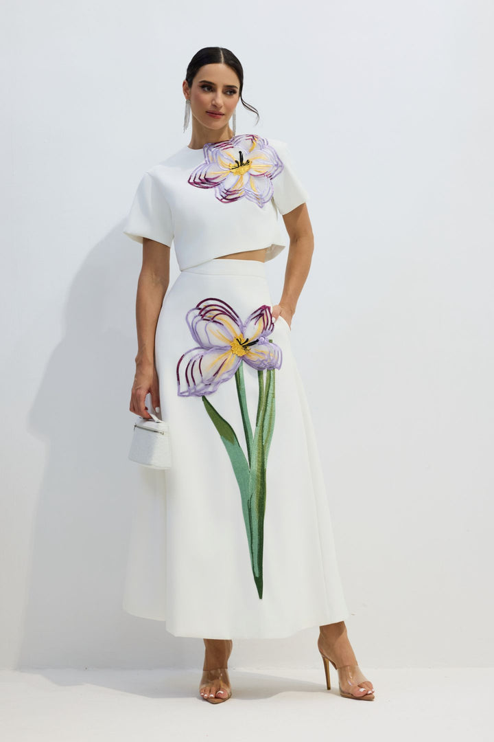 Angelica Blumen-Applikations-Kurzarm-Oberteil & Rock-Set Rockdetail – KYMA