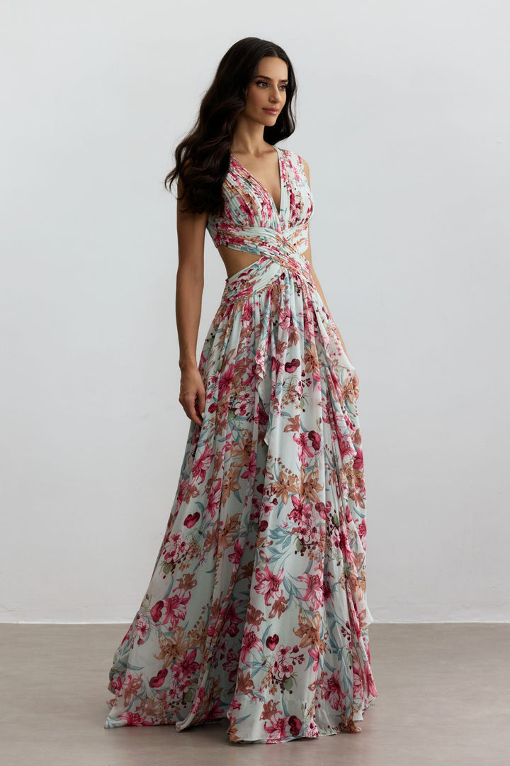 Nahaufnahme des Blumenprints auf dem Anila Kleid - KYMA