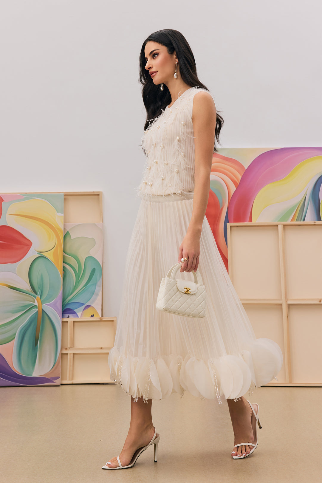 Ann Pailletten-Quasten-Faltenrock – Kompletter Look