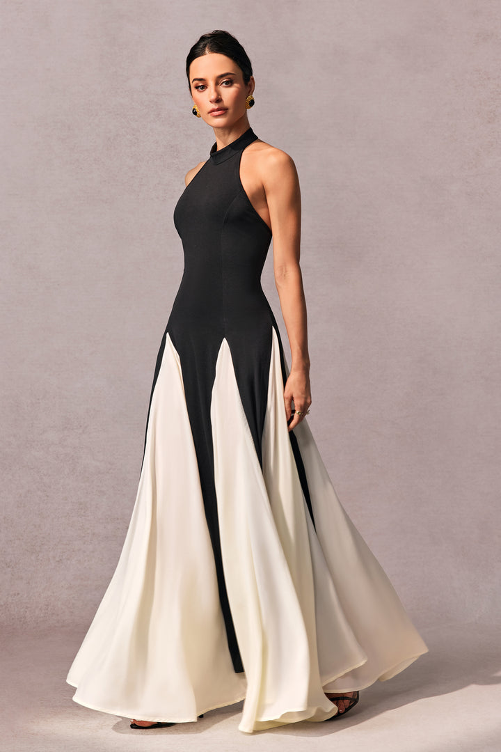 Anna Halterneck-Maxikleid mit Kontrastpaneelen Rückansicht