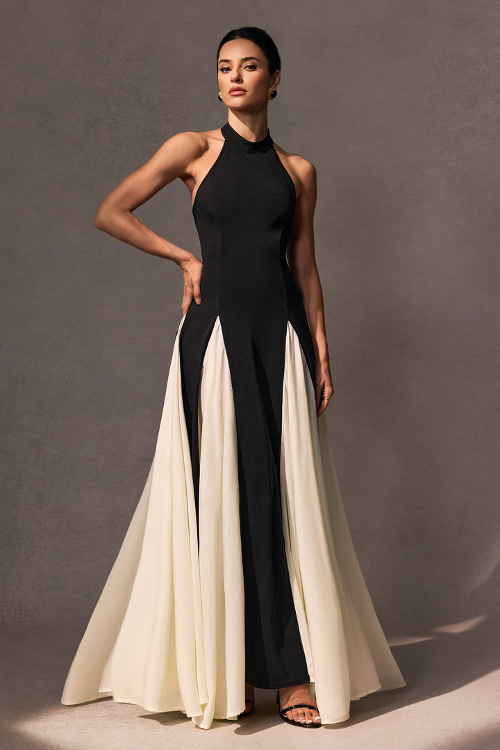 Anna Halterneck-Maxikleid mit Kontrastpaneelen Silhouette