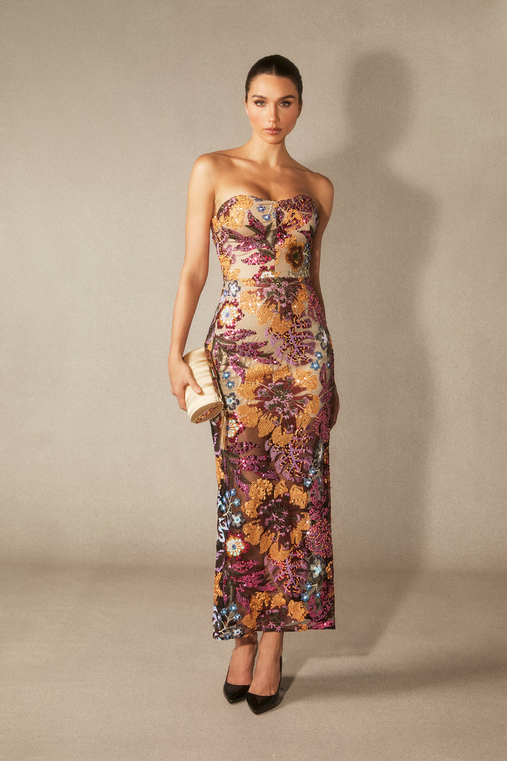 Aurora MAXIKLEID TRÄGERLOS MIT BLUMENSTICKEREI UND GLITZER