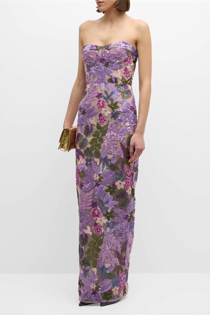 Aurora MAXIKLEID TRÄGERLOS MIT BLUMENSTICKEREI UND GLITZER
