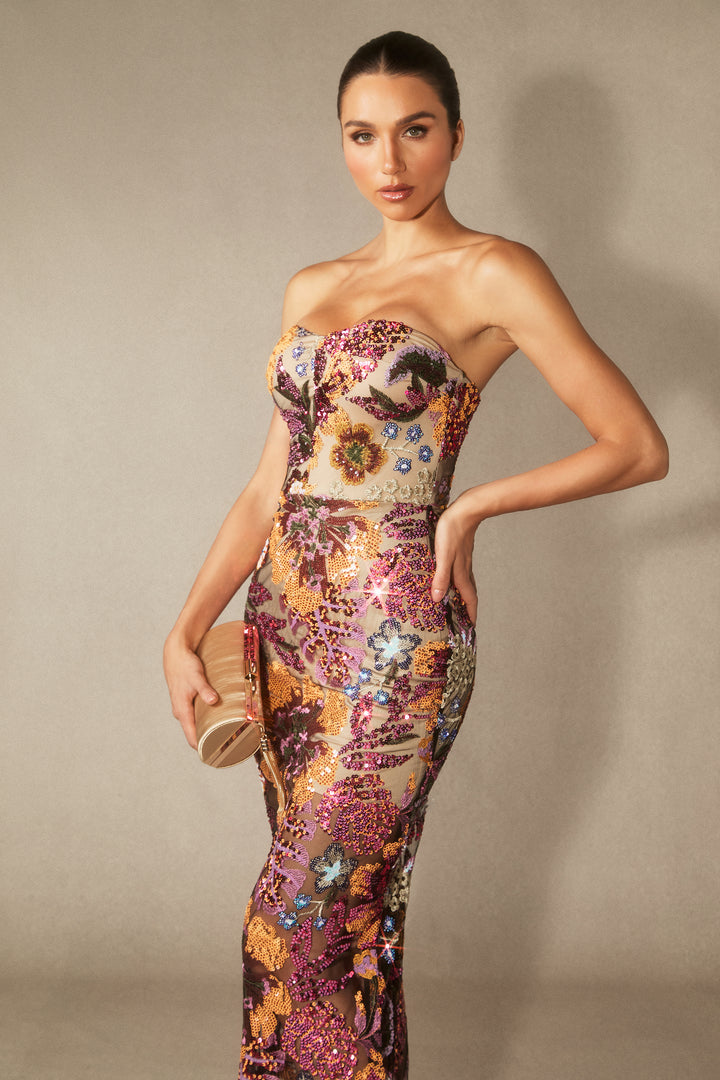 Aurora MAXIKLEID TRÄGERLOS MIT BLUMENSTICKEREI UND GLITZER