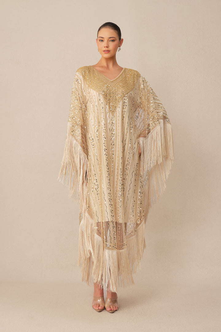 Beiges Maxikleid mit Pailletten und Fransen - KYMA