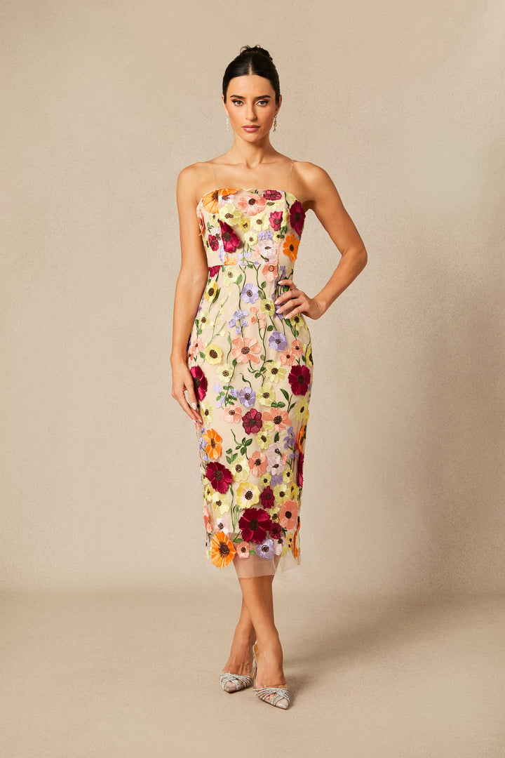 Belle trägerloses Midi-Kleid mit Spitze und Blumenmuster Rückansicht - KYMA