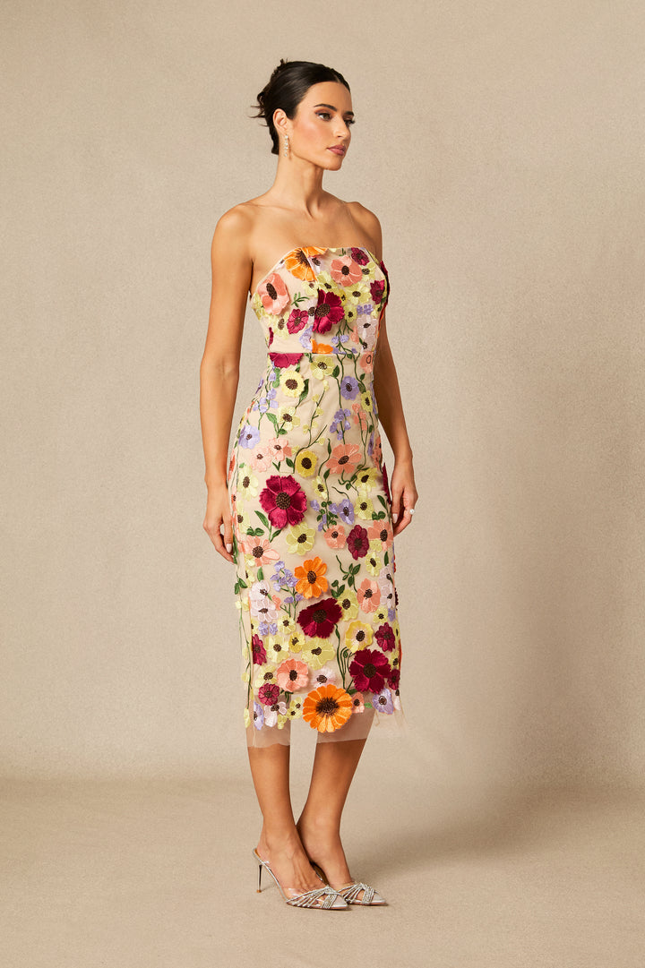 Belle Trägerloses Midi-Kleid mit Spitze und Blumenmuster – KYMA