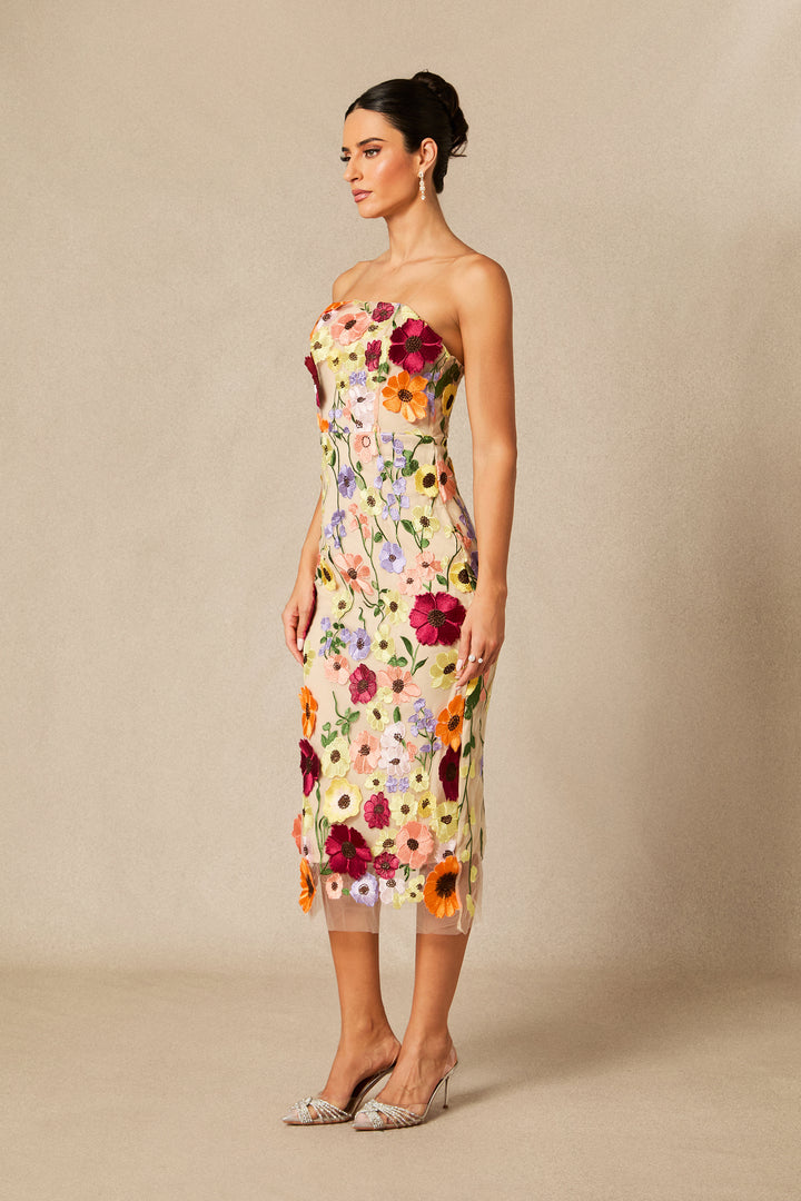 Belle Trägerloses Midi-Kleid mit Spitze und Blumenmuster – KYMA