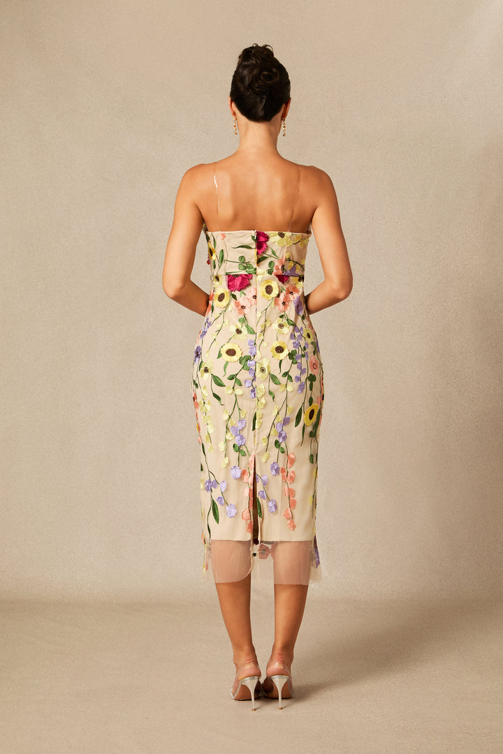 Belle Trägerloses Midi-Kleid mit Spitze und Blumenmuster – KYMA