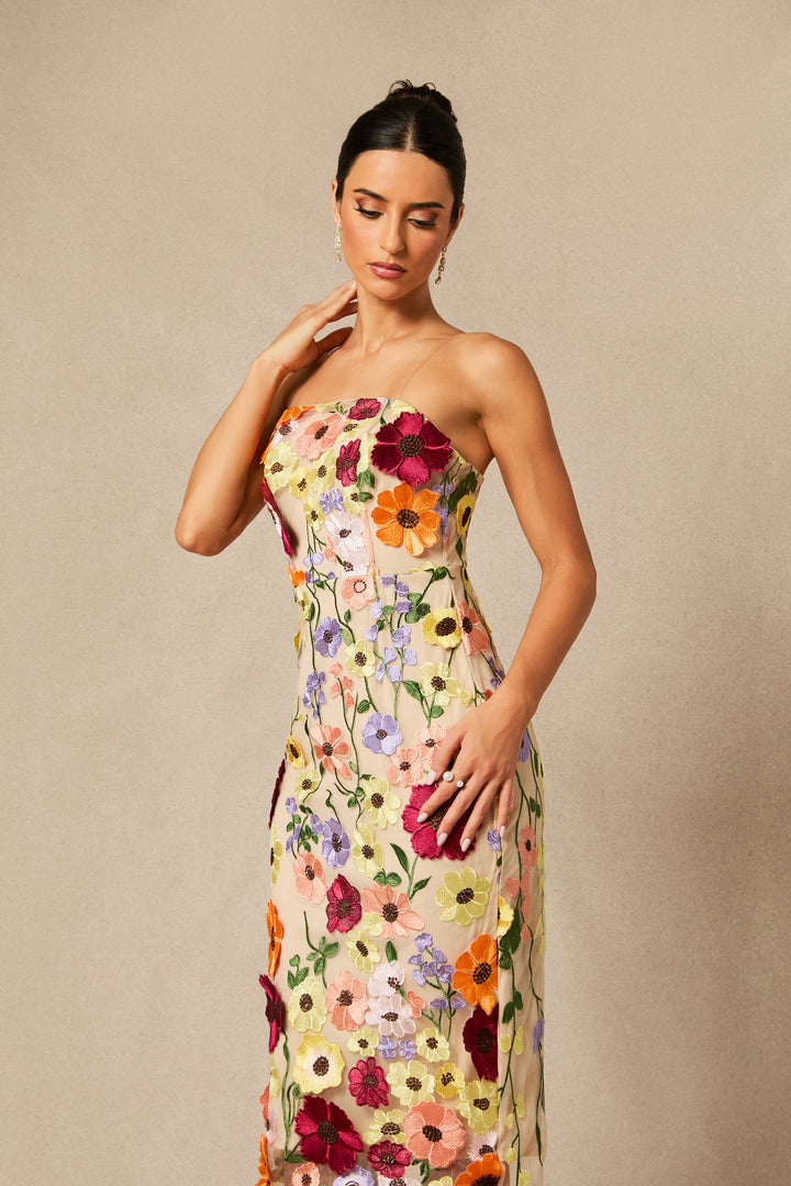 Belle Trägerloses Midi-Kleid mit Spitze und Blumenmuster – KYMA