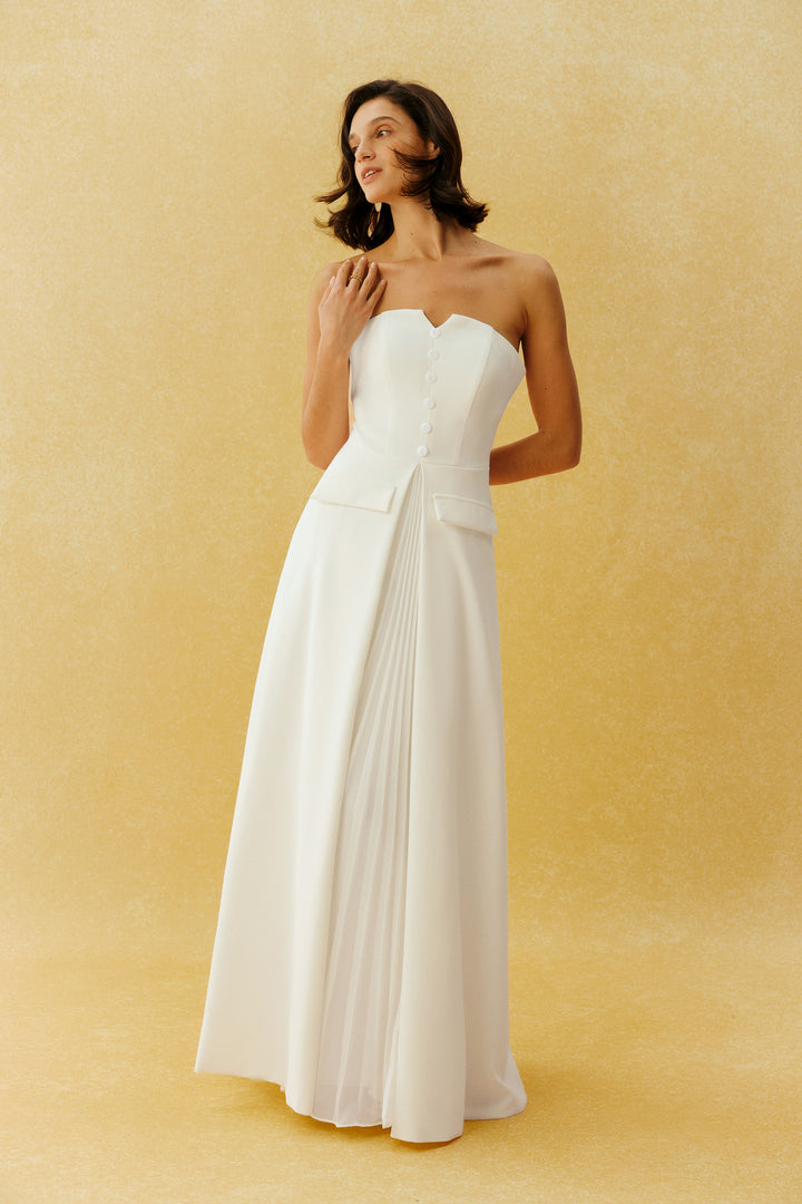 Classic Beauty Weißes trägerloses Maxikleid mit Knopfleiste vorne Stoffdetail - KYMA