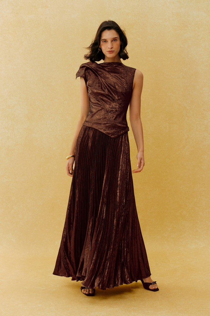 Cocktail Hour braunes asymmetrisches Maxikleid mit Plisseefaltung - KYMA