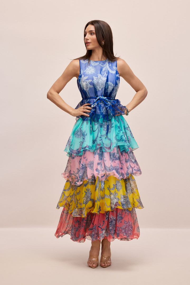 Cynthia bedrucktes Maxikleid mit Stufen und Rüschen