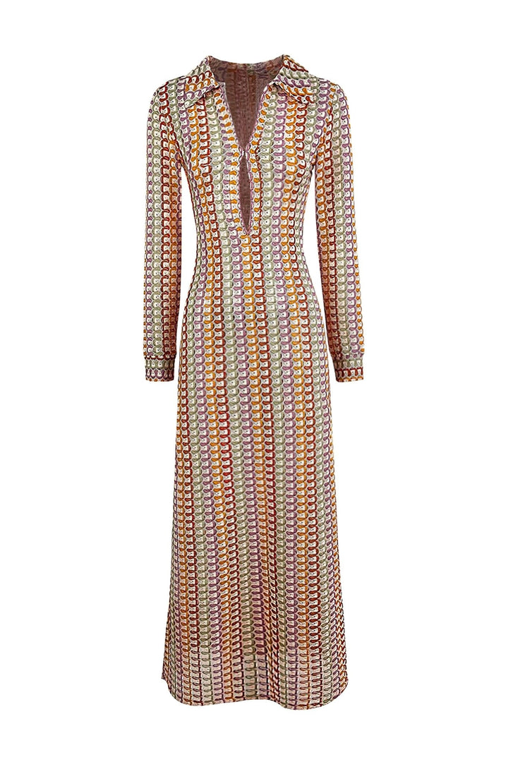 Dawn V-Ausschnitt Maxikleid mit Kragen und Häkeldetail im Sonnenuntergang - KYMA