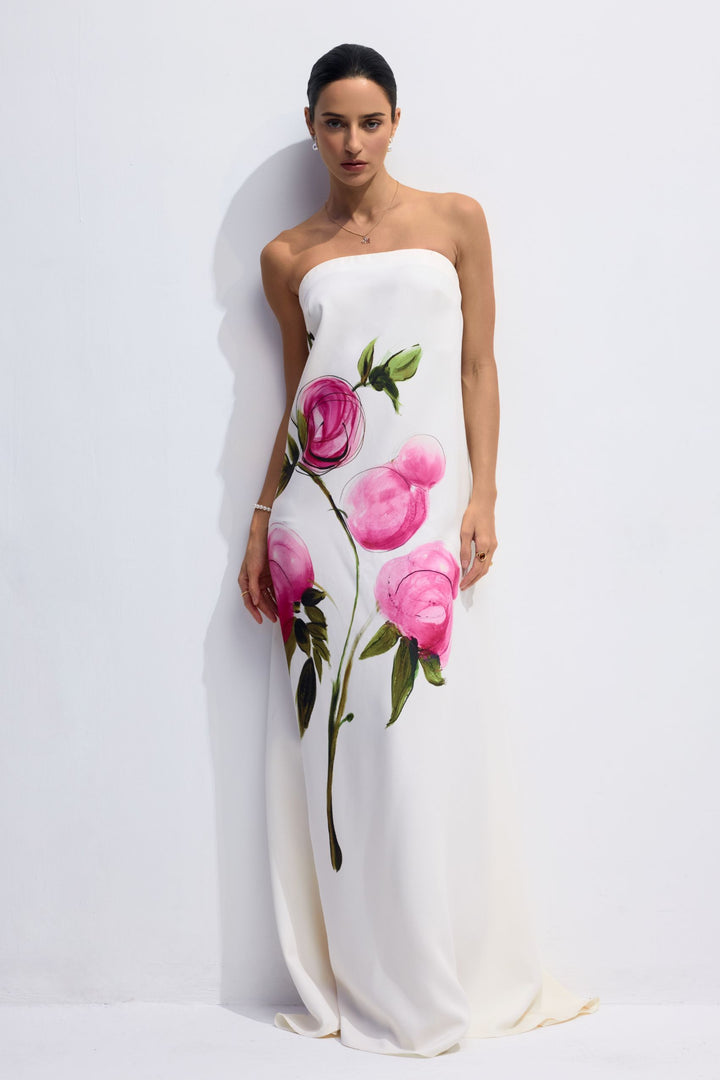 Dorothy trägerloses Satin-Maxikleid mit Blumenprint – KYMA