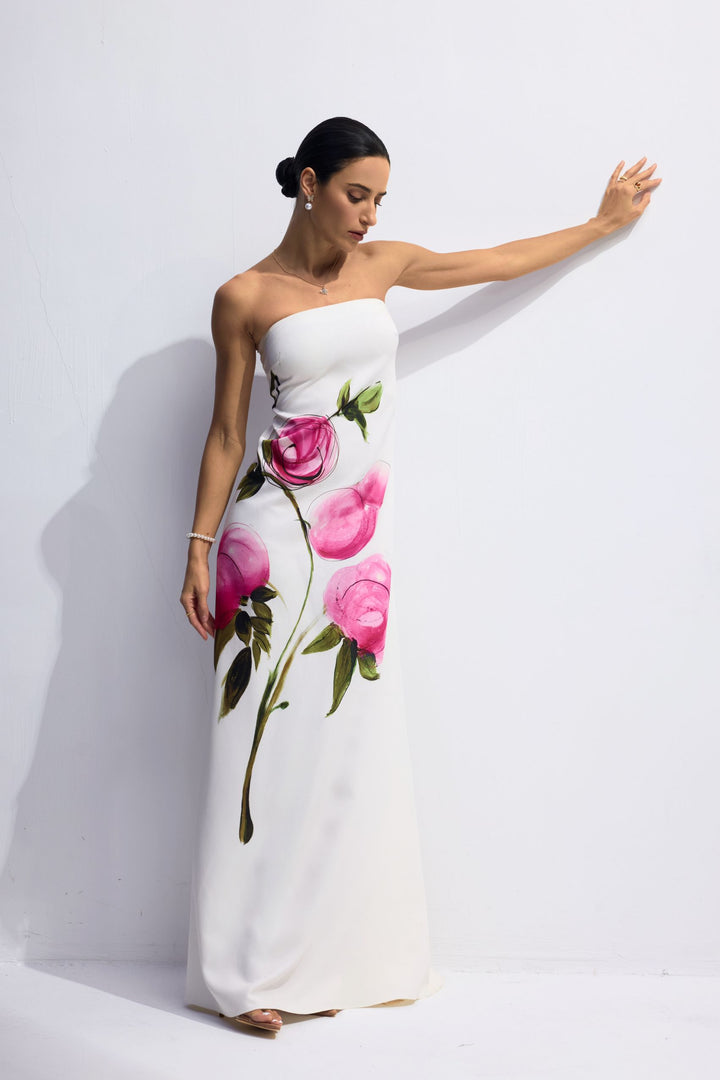Dorothy trägerloses Satin-Maxikleid mit Blumenprint – KYMA