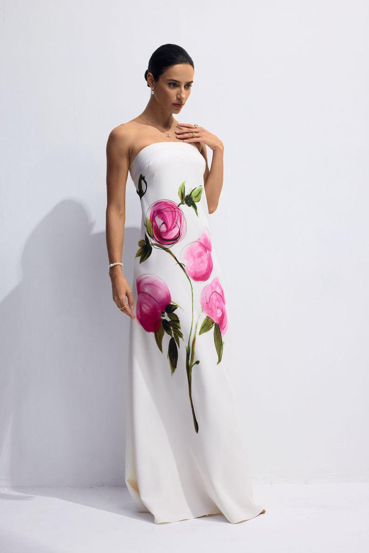 Dorothy trägerloses Satin-Maxikleid mit Blumenprint – KYMA