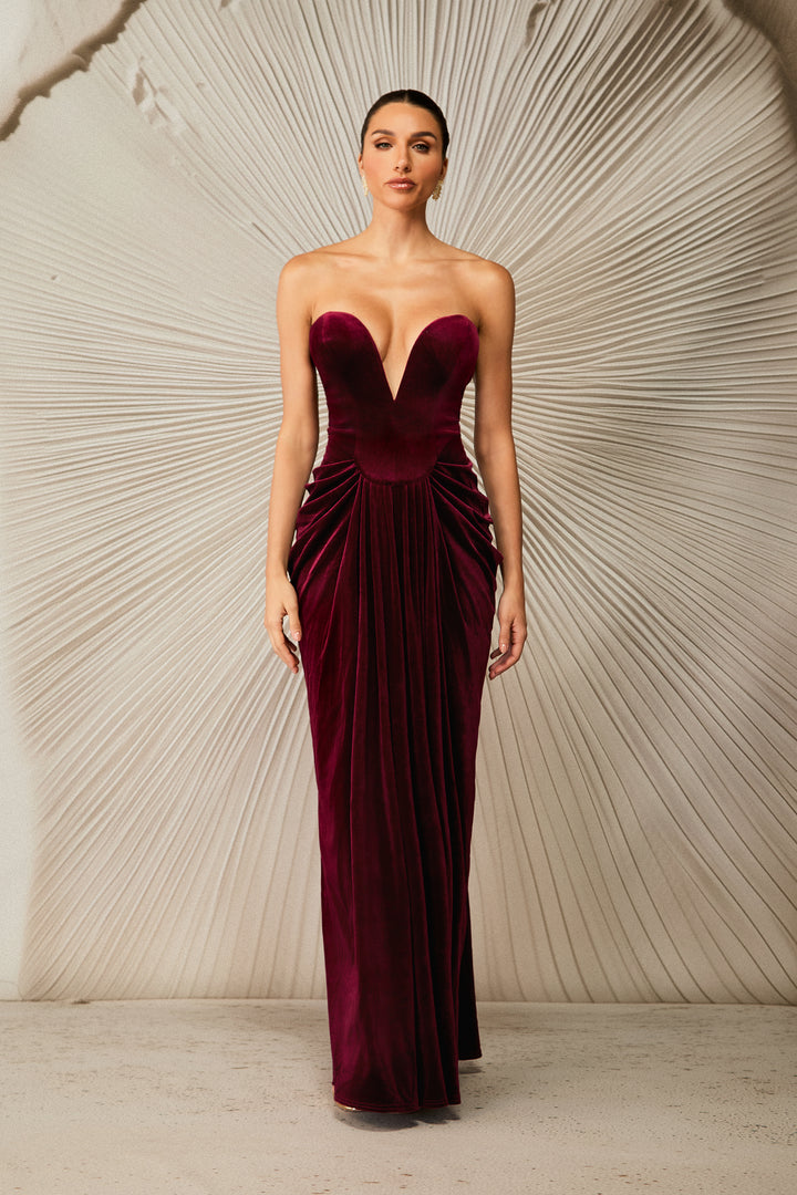 Dorothy Samt-Herz-Korsett plissiertes Tube-Maxikleid – KYMA – Vorderansicht Korsett