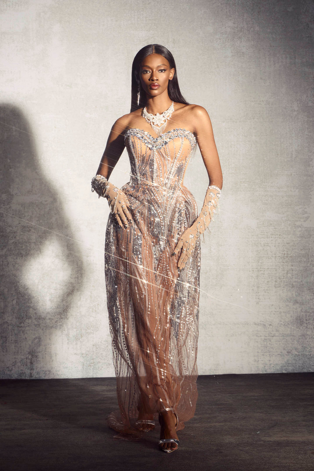 Elaine Diamantbesetztes Korsett Transparenz-Maxikleid - KYMA