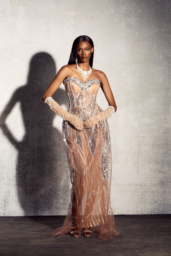 Elaine Maxikleid mit transparentem Einsatz und Pailletten - KYMA