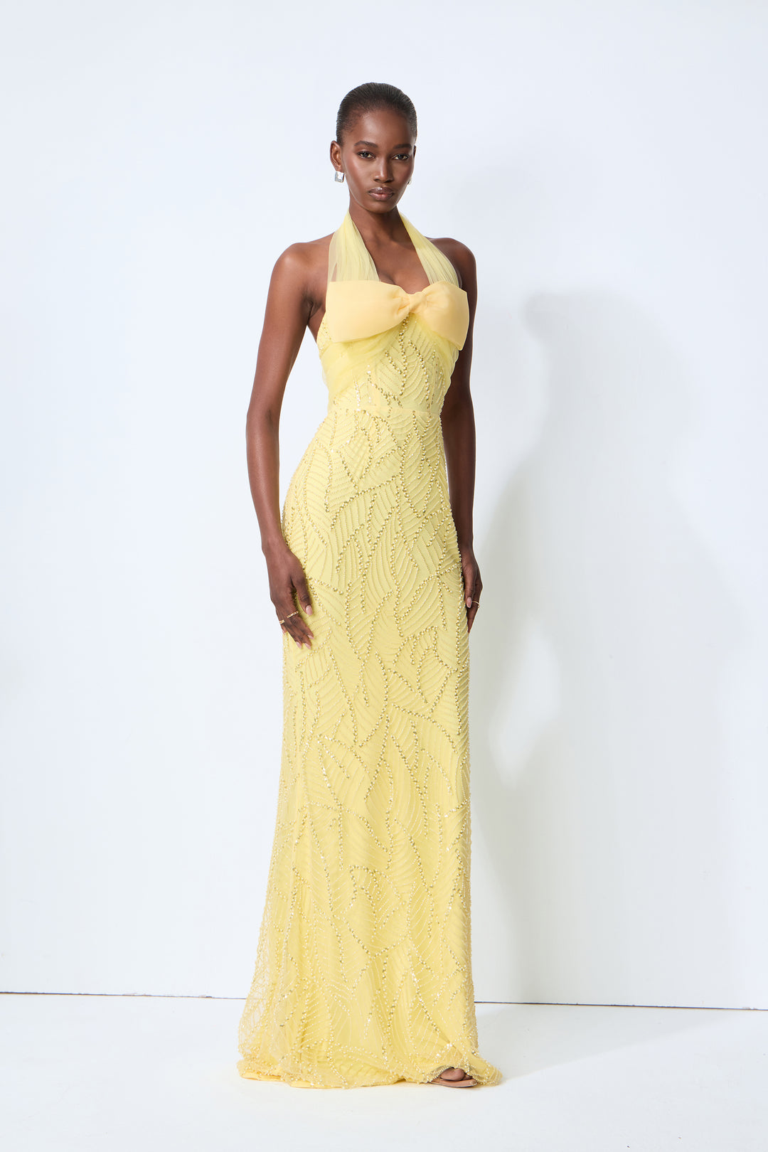 Shine Into Midnight Yellow Bow Sequin Embellished Maxi Dress