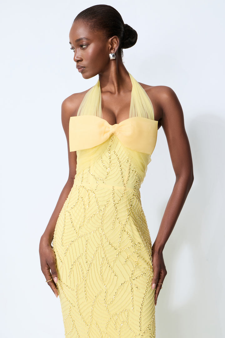 Shine Into Midnight Yellow Bow Sequin Embellished Maxi Dress Elegant