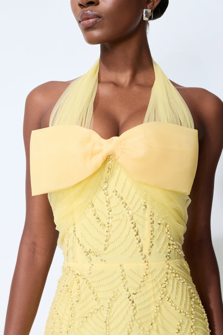Shine Into Midnight Yellow Bow Sequin Embellished Maxi Dress Detail