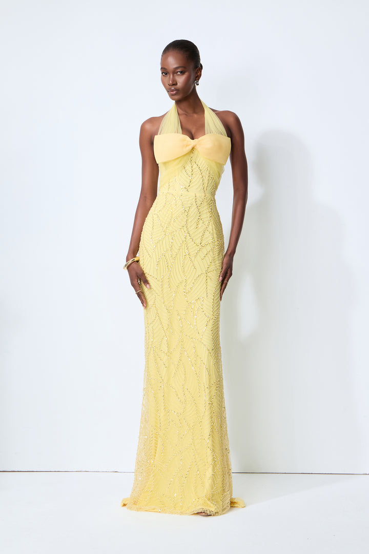 Shine Into Midnight Yellow Bow Sequin Embellished Maxi Dress Model