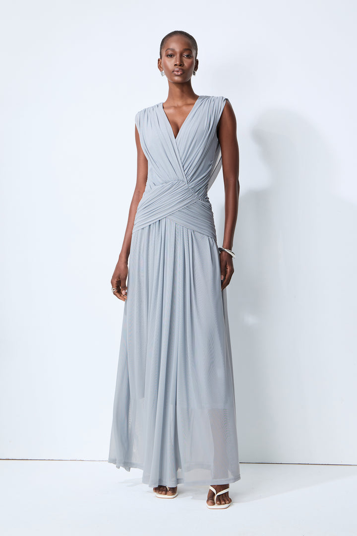 Elegantes blaues Maxikleid mit V-Ausschnitt und Drapierung von KYMA