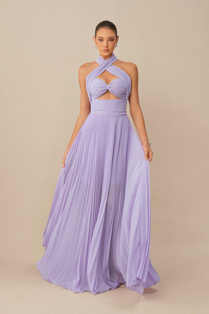 Lila Maxikleid mit Kreuzträgern und Falten – KYMA