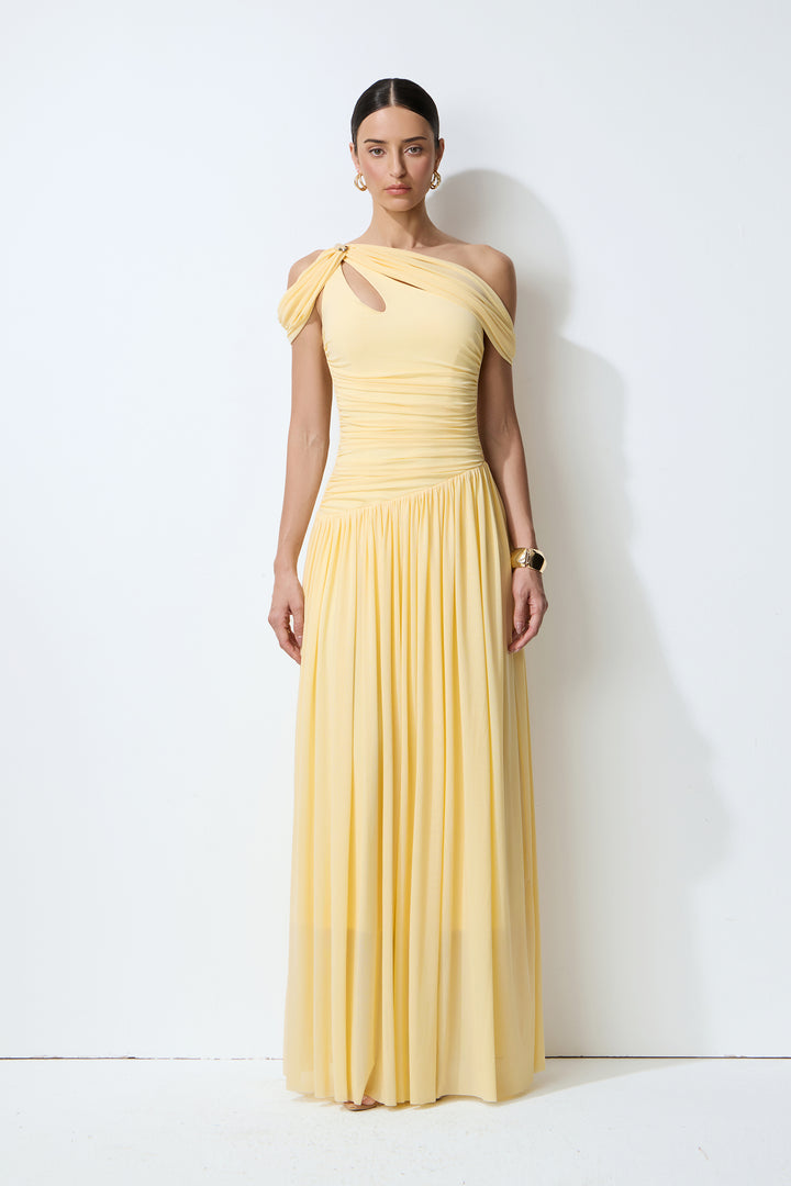 Gelbes One-Shoulder Maxikleid mit Cut-out - KYMA