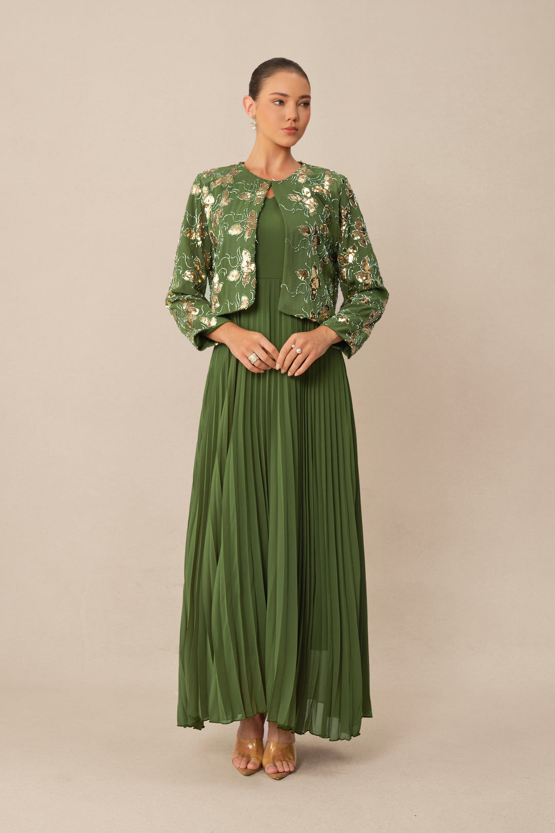 Grünes Pailletten-Blumen-Crop-Jacke & Plissiertes Kleid Set Kleid Detail Ausschnitt - KYMA