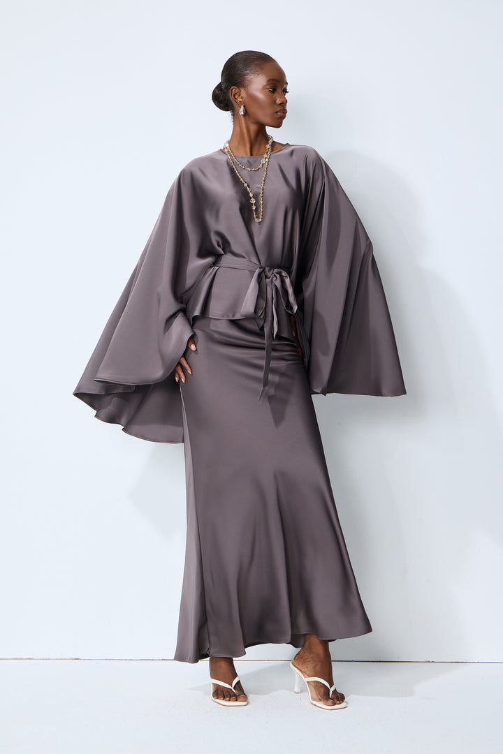 Graues Satin-Maxirock Detail - KYMA