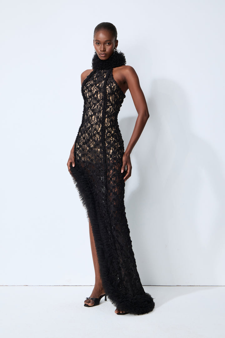 Mitternachts-Mischief Schwarzes Spitzen-Maxikleid mit hohem Schlitz
