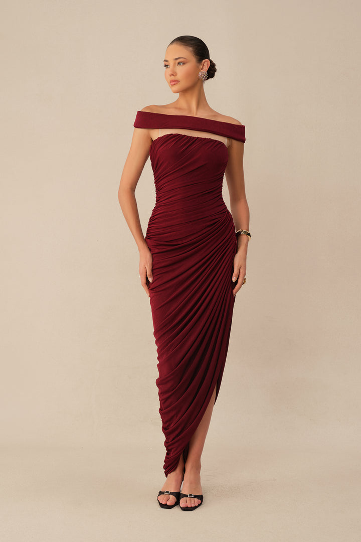 Burgundy Off-Shoulder Side Slit Knit Maxi Dress Silhouette - KYMA