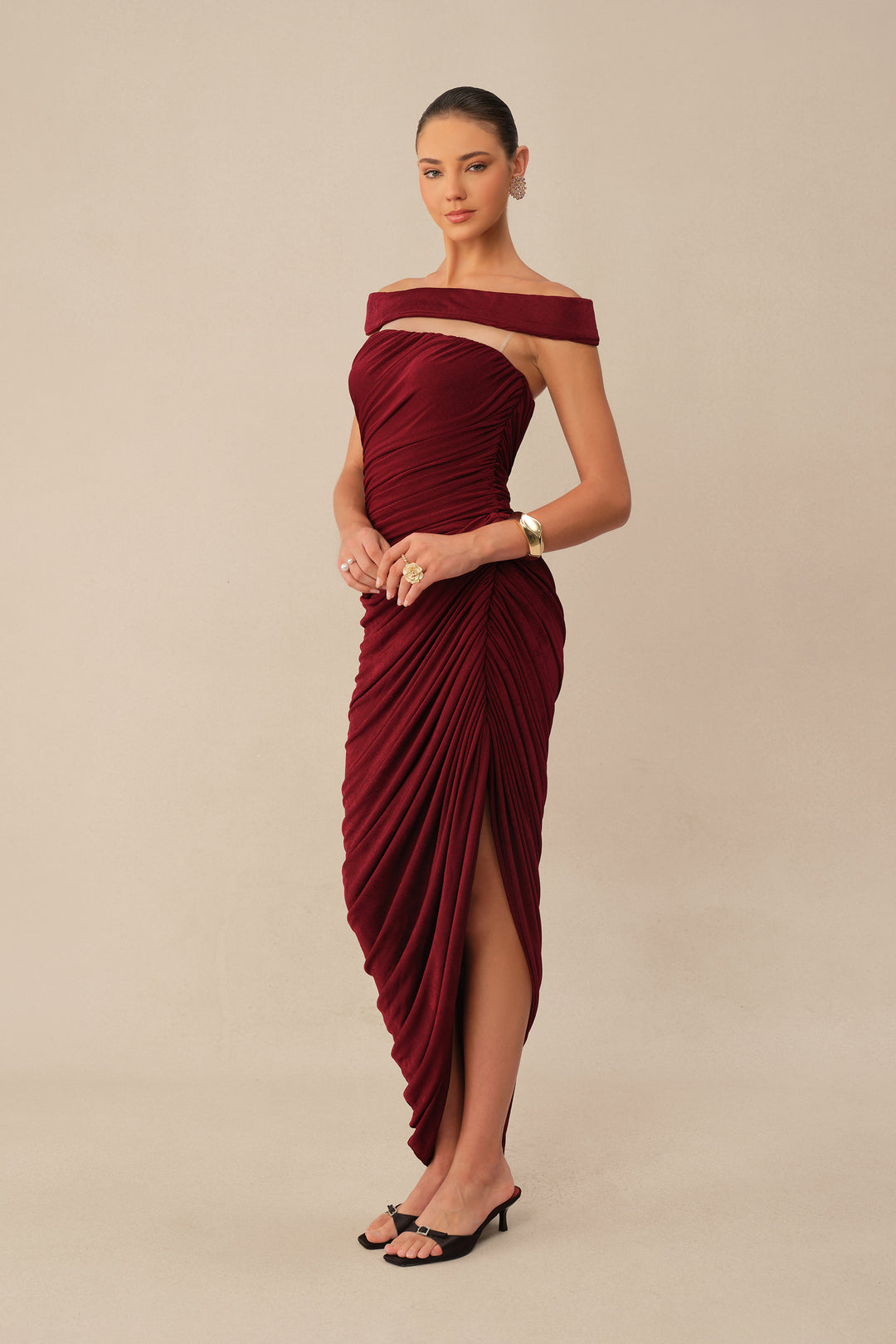 Burgundy Off-Shoulder Side Slit Knit Maxi Dress Model - KYMA