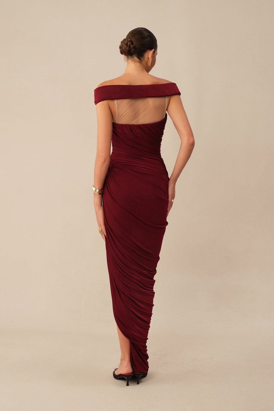Burgundy Off-Shoulder Side Slit Knit Maxi Dress Close-up - KYMA