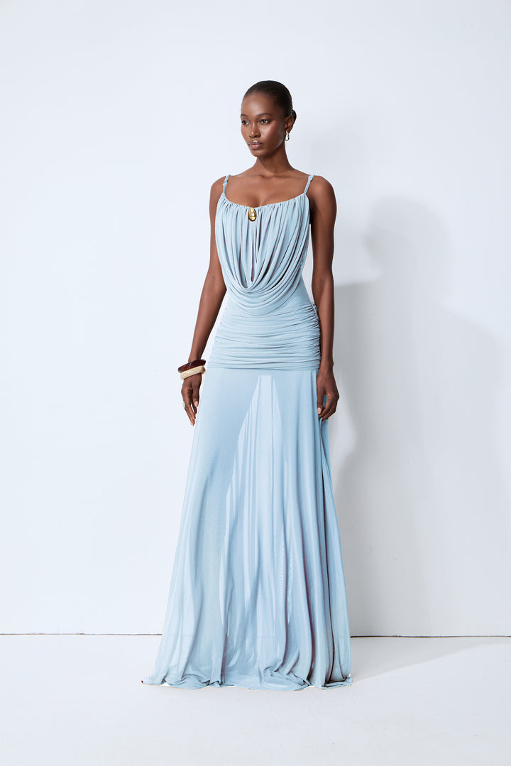 Blaues Maxikleid mit Wasserfallausschnitt – KYMA