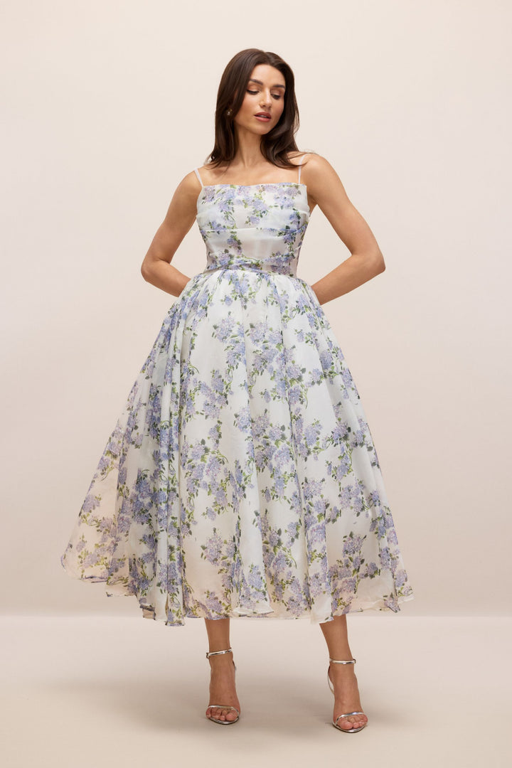 Ella Geblümtes Chiffon Midi-Kleid Rückansicht Reißverschluss - KYMA