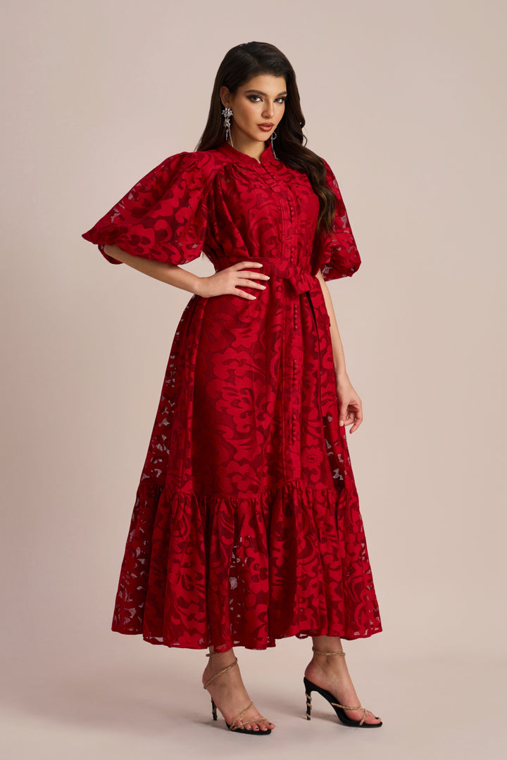 Emma besticktes Spitzen-Midi-Kleid mit Gürtel Rückansicht - KYMA