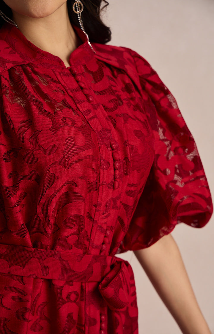 Emma besticktes Spitzen-Midi-Kleid Detail Kragen und Ärmel - KYMA