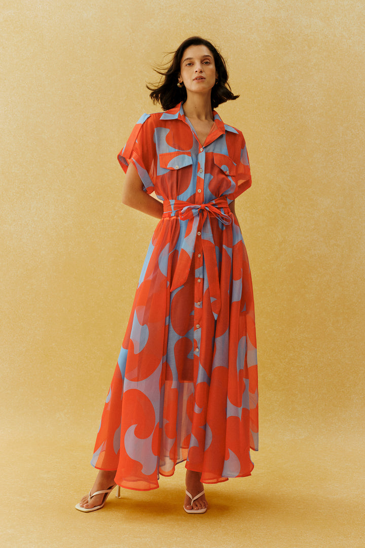 Orangefarbenes Maxikleid mit abstraktem Print und kurzen Ärmeln - KYMA