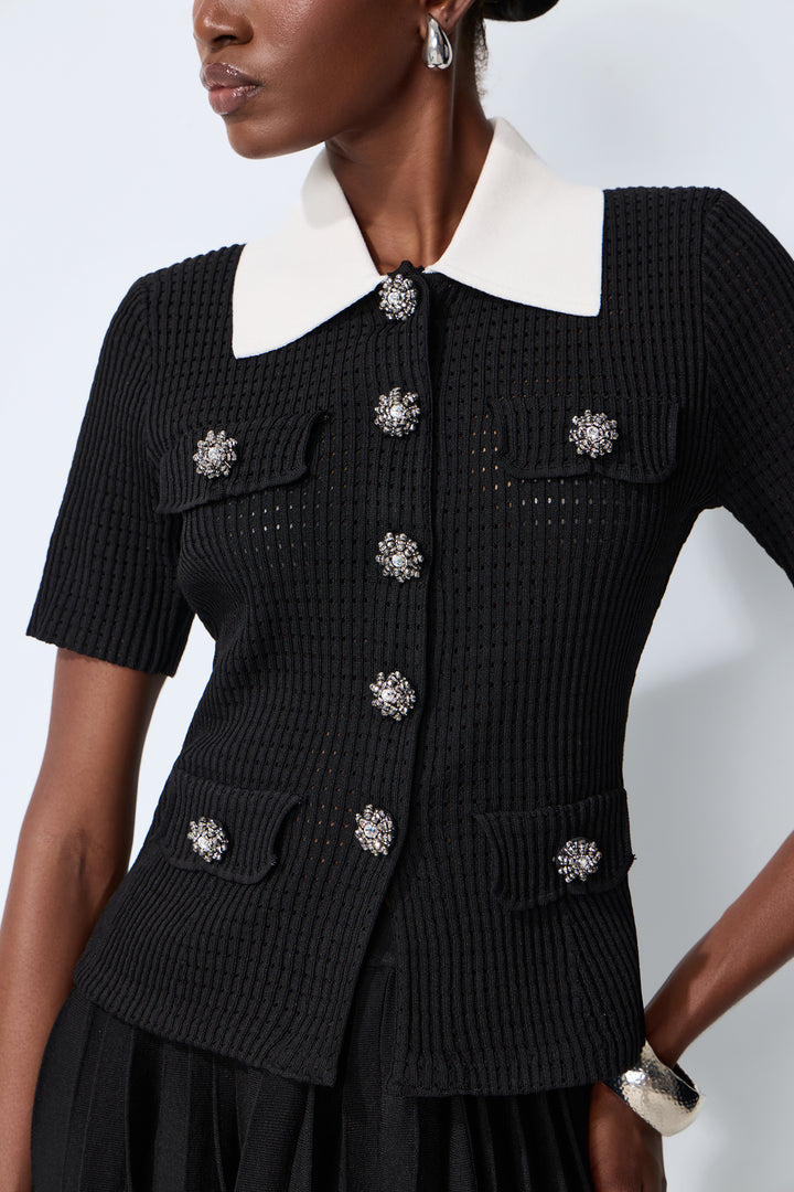 Simple Look Black Contrast Collar Knit Top Pleated Skirt Set Detail
