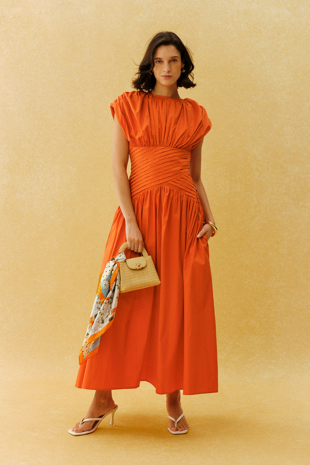Maxikleid mit Raffungen und Kappärmeln orange - KYMA